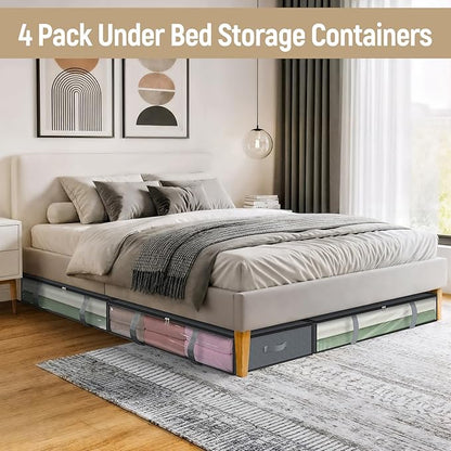 LANDNEOO 4 Pack 90L Under Bed Storage Containers - Underbed Storage for Clothes, Blankets - Closet Organizers and Storage Bags - Under the Bed Storage Bins with Handles & Clear Front