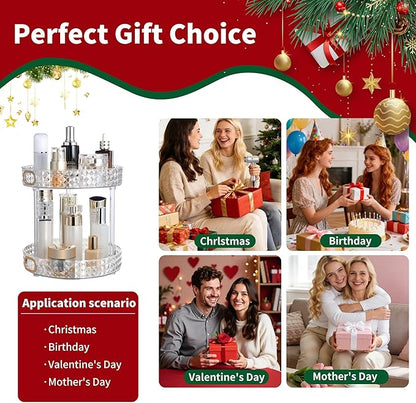 360 Rotating Makeup Organizer, 2 Tier Diamond Pattern Perfume Organizer, 10.6" Large Capacity Skincare Lotion Organizer, Designed for Vanity and Bathroom Countertops, Clear