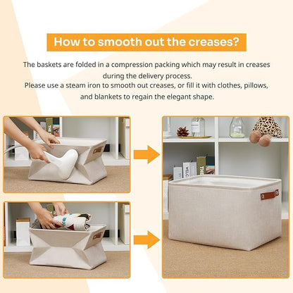 DULLEMELO Fabric Organizer for Storage, Office, Home, Nursery - Small Fabric Storage Basket with Handles (Beige)