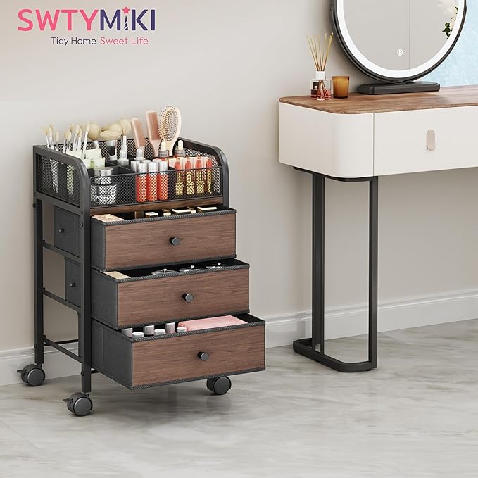 SWTYMIKI Rolling Makeup Organizer Cart - 14.96″*11.81″*23.03″ Widened Under Desk Vanity Storage with 3 Non-woven Drawers, Cosmetic Display Cases for Skin Care Perfume Nail Polish Brush Hair Tool Black