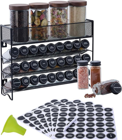 Spice Rack Organizer with 27 Spice Jars with Black Lids, Funnel, Spice Labels, Pen, Seasoning Organizer for Cabinet, Countertop, Pantry, Kitchen,Cupboard or Door & Wall Mount