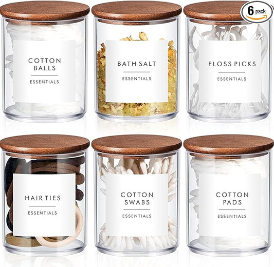 Yaomiao 6 Cotton Pad Holder Bathroom Container, 10 oz Cotton Ball Swabs Dispenser, Clear Plastic Apothecary Jar Organizer with Bamboo Lids for Storage Floss Pick Makeup(Dark Brown)