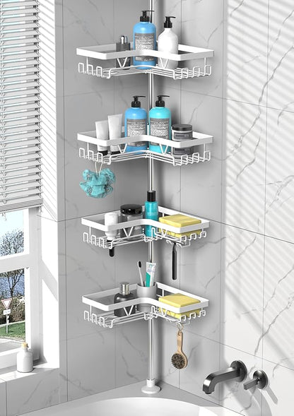 DAOYA Shower Caddy Tension Pole Corner - Stainless Steel Bathroom Organizer White Tension Rod Shower Shelves for Tub(22-114.2inch), Renter Friendly