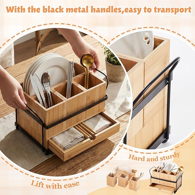 Qunclay Wooden Silverware Caddy with Drawer, Utensil Holder with 4 Compartments and Portable Handle, Removable Cutlery and Flatware Organizer for Forks, Spoons, Napkins, Kitchen Countertop