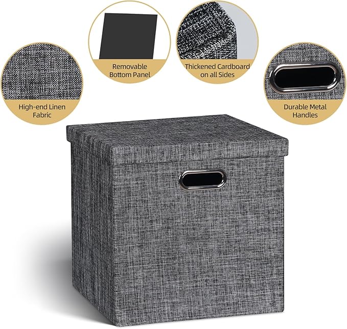 Posprica Storage Bins with Lids,13×13×13 Foldable Storage Cube Baskets Boxes Fabric Drawers for Closet Shelf Cabinet Bookcase,Set of 4,Black