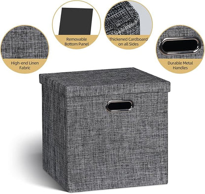 Posprica Storage Bins with Lids,13×13×13 Foldable Storage Cube Baskets Boxes Fabric Drawers for Closet Shelf Cabinet Bookcase,Set of 4,Black