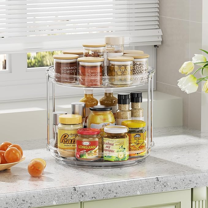 2 Tier Lazy Susan Organizer,10.6 Inches Lazy Susan Turntable for Cabinet,Stackable Turntable Organizer Rotating Spice Rack Organization for Kitchen Countertop,Pantry,Bathroom,Clear