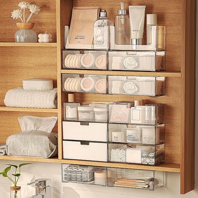 Medicine Cabinet Drawer Organizer Set, 2-Tier Stackable Storage Drawers for Small Bathroom Mirror Toilet Wall Garage Vanity Cabinet - Clear