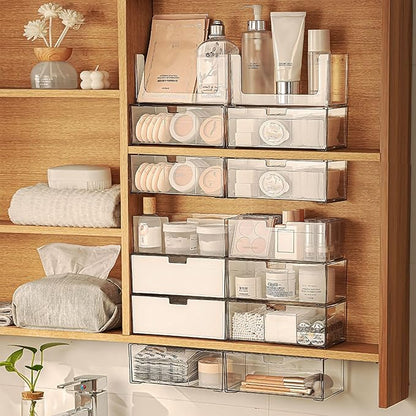 Medicine Cabinet Drawer Organizer Set, 2-Tier Stackable Storage Drawers for Small Bathroom Mirror Toilet Wall Garage Vanity Cabinet - Clear