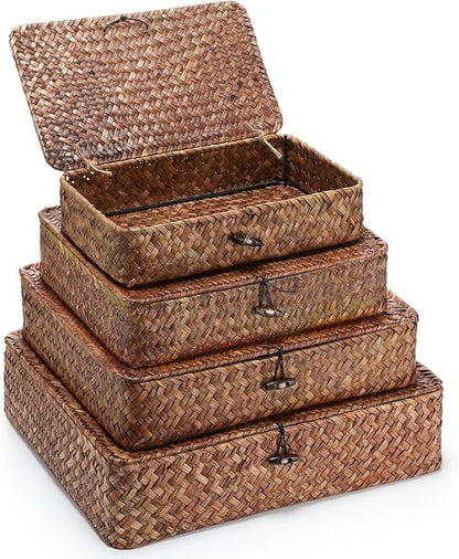 Didaey Set of 4 Seagrass Basket with Lid Wicker Storage Basket Decorative Storage Boxes with Lids Flat Storage Bins Woven Organizer Baskets for Shelf Closet Bedroom, 4 Sizes (Dark Brown)