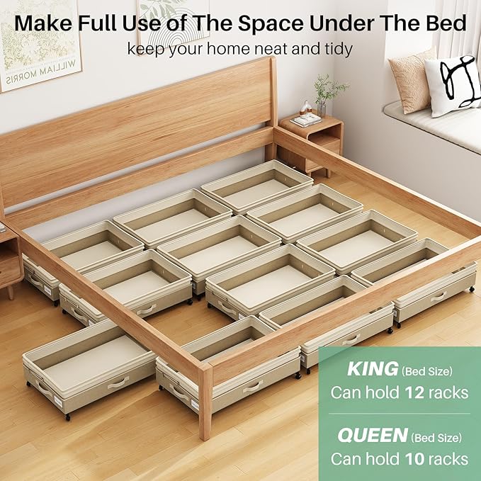 Kitstorack 4 Pack Height-adjustable Under Bed Storage with Wheels, Under Bed Storage Containers,Under Bed Shoe Storage Organizer with Clear Window&Label, Suitable for Clothes Storage, Beige & Linen