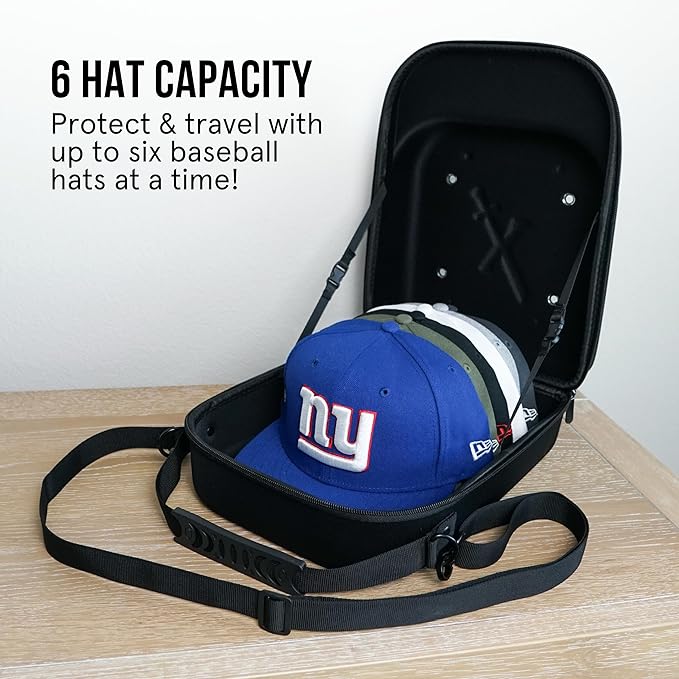 Hat Travel Case for Baseball Caps – Hard Shell Travel Hat Case with Carrying Handle & Adjustable Shoulder Strap – Baseball Hat Holder – 6 Hat Capacity – Travel Accessories for Men – Black Hat Caddie