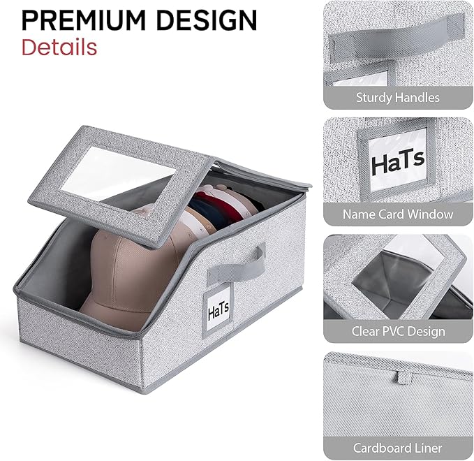 One set hat Storage for Baseball Caps,Gery Stackable box holds up to 18 Caps Hat Organizer for Closet, Black Baseball Cap and Adjustable Shoulder Strap, Hat Organizer Holder Bag for 6 Baseball Caps.