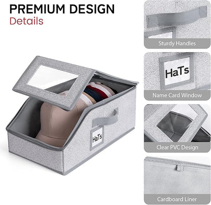 One set hat Storage for Baseball Caps,Gery Stackable box holds up to 18 Caps Hat Organizer for Closet, Black Baseball Cap and Adjustable Shoulder Strap, Hat Organizer Holder Bag for 6 Baseball Caps.