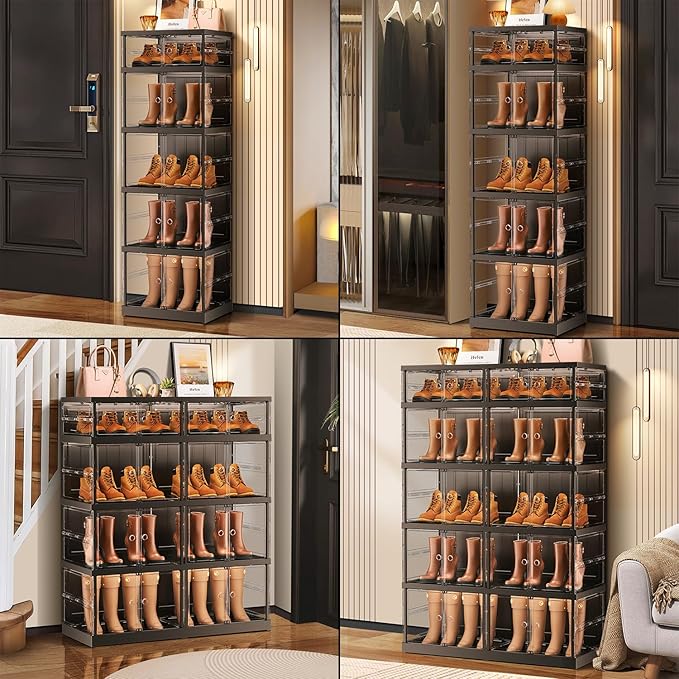 CIMLORD 5-Tier Foldable Shoe Rack for Closet Entryway 5-10Pairs,Stackable Clear Shoe Storage Boxes Organizer with Door Plastic Shoe Cabinet Bins with Lids Shoes Shelf Easy Assembly Large Black