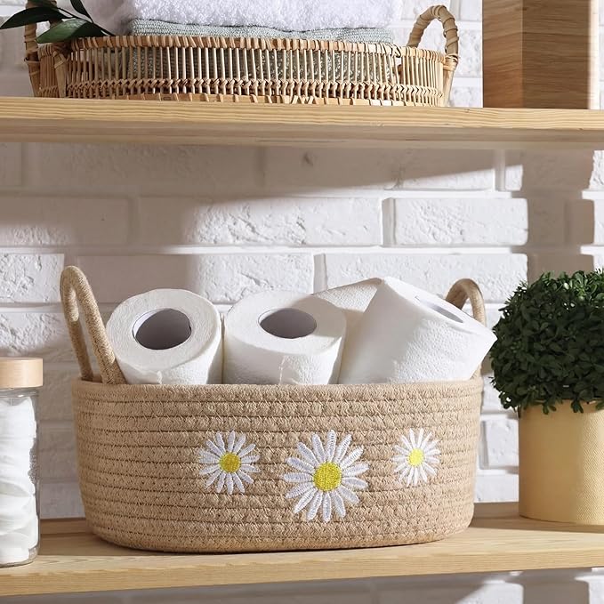Vesici Daisy Toilet Paper Basket Boho Woven Cotton Rope Bathroom Countertop Organizer with Handle Beige Bathroom Storage Decor for Toilet Closet Bedroom Nursery Toys Organizing, 13 x 6 x 4 Inch