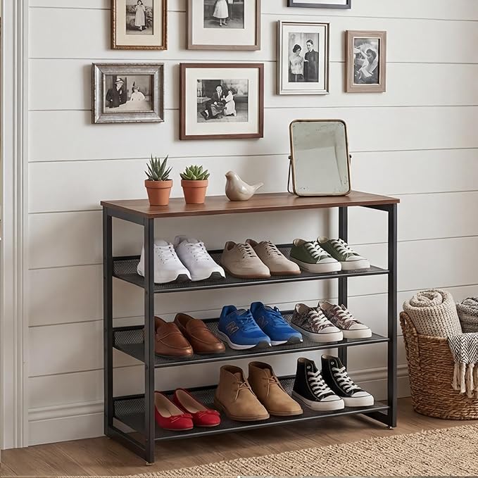 Garden 4 you Shoe Rack for Entryway 4 Tiers 11.8" D x 25" W x 28" H, Metal Shoe Rocks with Brown Wooden Tabletop, Angled Shoes Rack with Adjustable Mesh Shelves for Entryway Hallway Closet