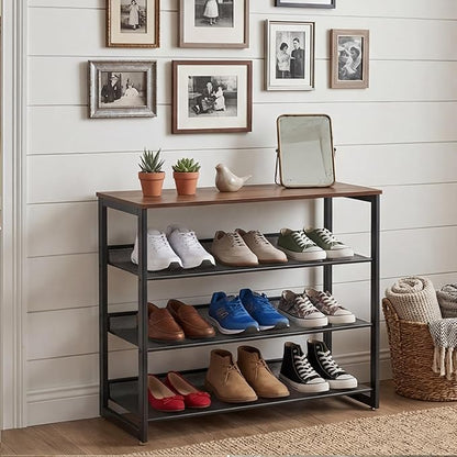 Garden 4 you Shoe Rack for Entryway 4 Tiers 11.8" D x 25" W x 28" H, Metal Shoe Rocks with Brown Wooden Tabletop, Angled Shoes Rack with Adjustable Mesh Shelves for Entryway Hallway Closet
