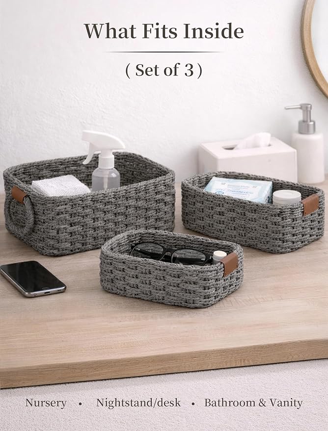 Storage Basket, Recycled Paper Rope Bathroom Basket Organizer, 3Pcs Small Baskets for Organizing, Mini wicker Basket for Decorative Storage Bins, Shelves, Bathroom, Cabinet - Grey