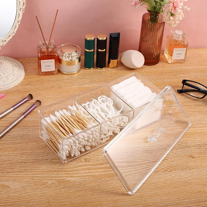 Qtip Holder Transparent 3 Compartments Cotton Ball and Swab Holder Organizer with Lid,Jar for Cotton Rounds,Bathroom Containers,Clear Acrylic Desk Organizer for Makeup Pads,Cosmetics Bedroom