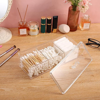 Qtip Holder Transparent 3 Compartments Cotton Ball and Swab Holder Organizer with Lid,Jar for Cotton Rounds,Bathroom Containers,Clear Acrylic Desk Organizer for Makeup Pads,Cosmetics Bedroom