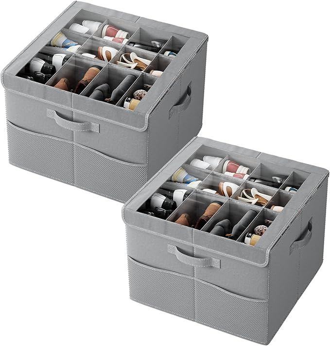 PHINOX Shoe Organizer for Closet, Fits 12-24 Pairs, Shoe Storage Bins with Clear Cover and Reinforced Handles, Foldable Shoe Storage Organizer, Space Saving Shoe Holder for Wardrobe, 2 Pack Gray