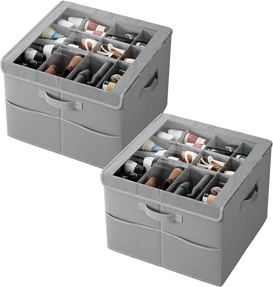 PHINOX Shoe Organizer for Closet, Fits 12-24 Pairs, Shoe Storage Bins with Clear Cover and Reinforced Handles, Foldable Shoe Storage Organizer, Space Saving Shoe Holder for Wardrobe, 2 Pack Gray