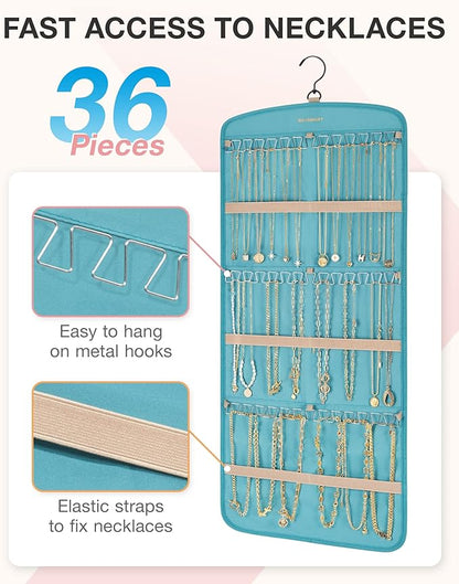 BAGSMART Hanging Jewelry Organizer, Necklace Holder Anti-tangle Earrings Rings Hanger with 20 Jewelry Bags Travel Storage Roll with Pockets Hang on Closet, Wall, Door,1 Piece, Large, Teal