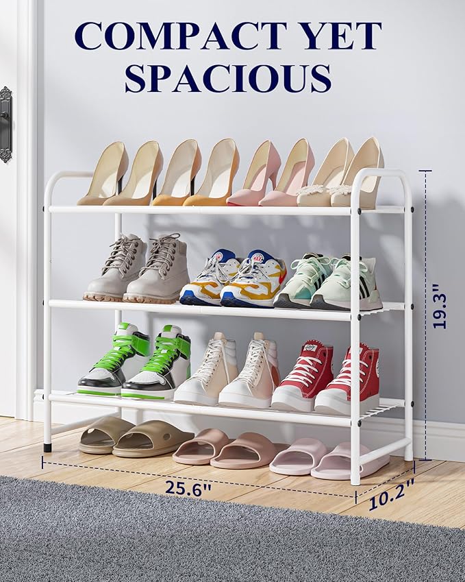 Kitsure Shoe Rack - Stainless Steel Shoe Organizer, Sturdy Shoe Rack for Closet and Front Door Entrance, Free Standing Shoe Shelf, Closet Organizers and Storage, 25.6" Wide - 3 Tier, White