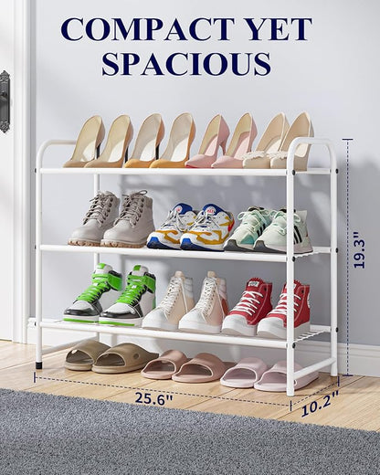 Kitsure Shoe Rack - Stainless Steel Shoe Organizer, Sturdy Shoe Rack for Closet and Front Door Entrance, Free Standing Shoe Shelf, Closet Organizers and Storage, 25.6" Wide - 3 Tier, White