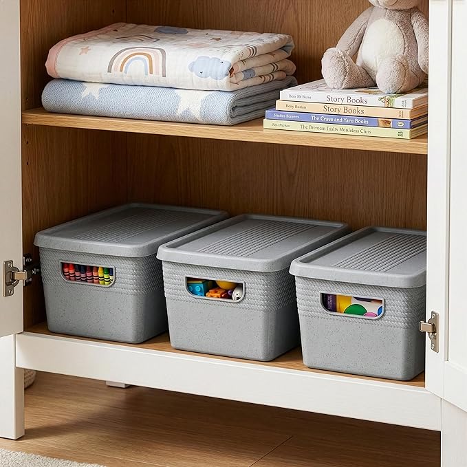 BINO | Plastic Storage Bins with Lids, 5 Liter - 3 Pack, Natural Grey | THE BRAIDED COLLECTION | Plastic Bins for Organization Woven Storage Baskets for Organizing Pantry Shelf Organizer Basket Bin