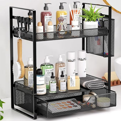 VITVITI 2 Tier Bathroom Organizer Countertop with Drawer, Metal Mesh Bathroom Counter Vanity Organizer Storage, Bath Room Sink Kitchen Spice Rack with Basket Hooks, Black
