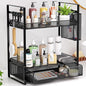 VITVITI 2 Tier Bathroom Organizer Countertop with Drawer, Metal Mesh Bathroom Counter Vanity Organizer Storage, Bath Room Sink Kitchen Spice Rack with Basket Hooks, Black