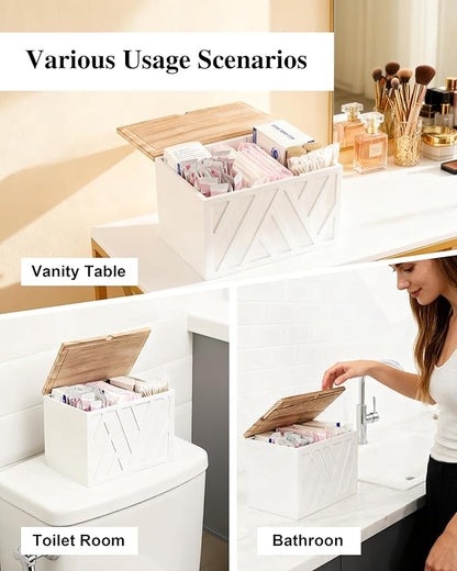 Tampon Holder for Bathroom Decor Feminine Product Organizer With Lid Shark Week Box Wooden Pad Girl Stuff Box (BLACK, lid) (1, WHITE)