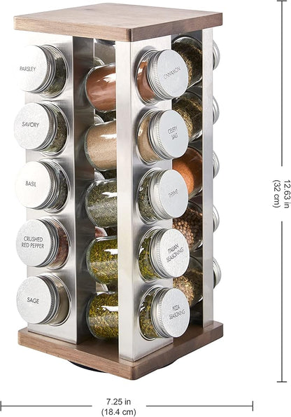Kamenstein 20 Jar Vintage Revolving Countertop Spice Rack Organizer with Spices Included, FREE Spice Refills for 5 Years, Wood and Stainless Steel with Metal Caps