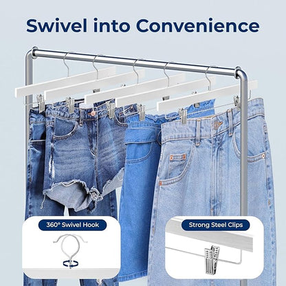 SereneLife 20 Pack Skirt and Pant Hanger with Adjustable Non-Slip Steel Clips, Premium Wooden, 360° Swivel Hook & 10 lb Capacity – Space-Saving Heavy-Duty Hangers for Jeans, Shorts & Slacks (White)