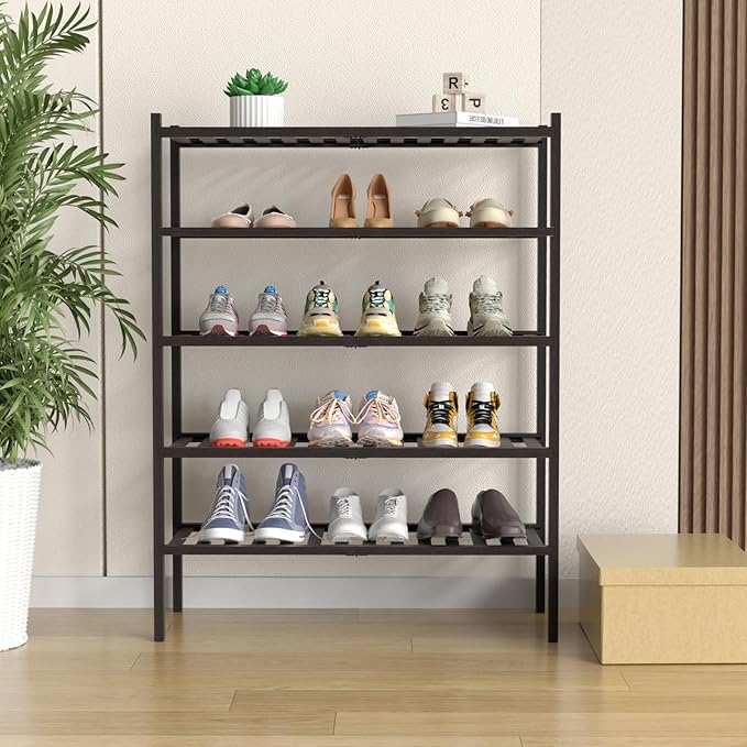 ROMGUAR CRAFT 5 Tier Bamboo Shoe Rack for Closet Free Standing Wood Shoe Shelf for Entryway Small Space Stackable 27"x11"x33" (Brown)