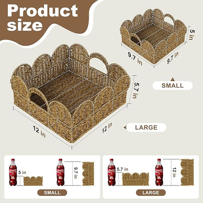 Scalloped Basket Set of 2，Resin Wicker Basket for Organizing and Decor Hand-Woven Wicker Storage Baskets with Built-In Handles for Gifts,Snack,Shelves，Tan