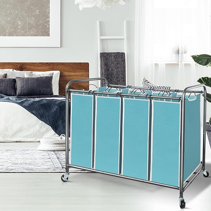 STORAGE MANIAC Laundry Sorter 4 Section, 47.8 Gal (181 L) Laundry Hamper with Wheels, Clothes Divider Basket Sorter, Clothes Separator Hamper Cart with Wheels and Removable Bags, Blue