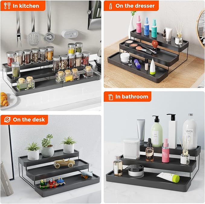 Expandable Spice Rack Organizer - 3 Tier Adjustable Spice Organizer for Cabinet & Countertop - Easy Visibility - Black