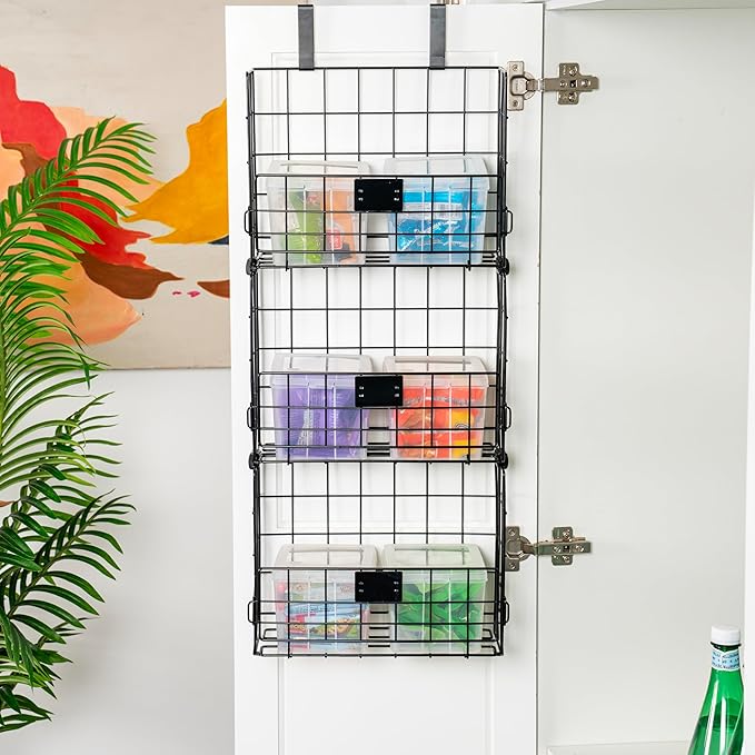 IRIS USA Over The Door Organizer 3-Pack with Metal Wire Baskets + 10-Pack Clear Flip Top Storage Bins, Stackable Containers with Lids for Pantry, Bathroom, Closet, Home & Kitchen