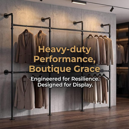 Industrial Pipe Black Clothing Racks Wall Mounted, Rustic Industrial Pipe Clothes Rack Design - Stylish & Heavy Duty Corner Garment Racks, Perfect for Home or Retail Display