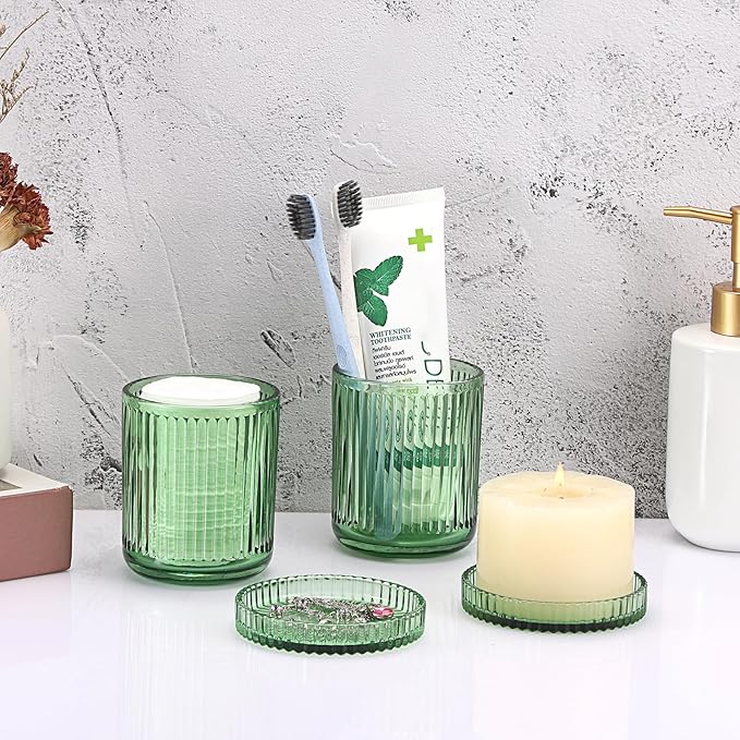 Hipiwe 2 Pcs Qtip Holders Bathroom Dispenser Glass Apothecary Jars with Lids Cotton Swab Holder Bathroom Canisters for Cotton Swabs Balls Round Pad, Vanity Organizer and Storage Decor, Green