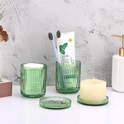 Hipiwe 2 Pcs Qtip Holders Bathroom Dispenser Glass Apothecary Jars with Lids Cotton Swab Holder Bathroom Canisters for Cotton Swabs Balls Round Pad, Vanity Organizer and Storage Decor, Green