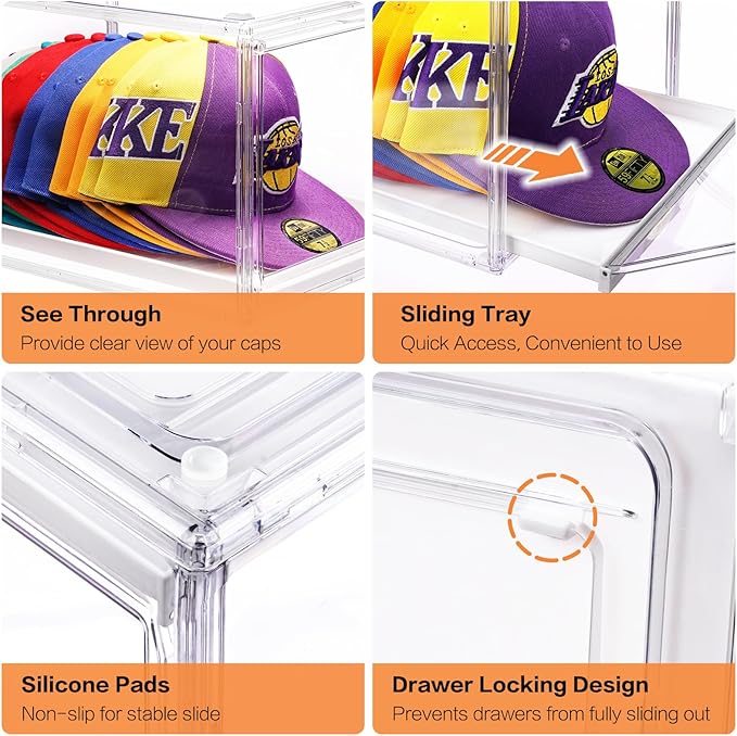Hat Organizer Box for Baseball Cap, Stackable Hats Storage Container with Sliding Tray Drawer, Large Caps Display Case with Magnetic Door for Closet 16-20 Hats 2Pack Clear