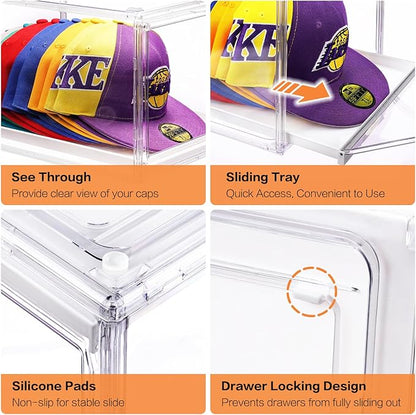 Hat Organizer Box for Baseball Cap, Stackable Hats Storage Container with Sliding Tray Drawer, Large Caps Display Case with Magnetic Door for Closet 16-20 Hats 2Pack Clear
