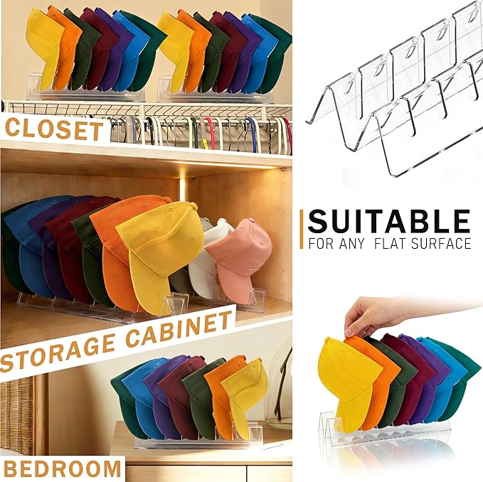 2 PCS Hat Organizer for Baseball Caps,Hat Stand, No Assembly, Clear Hat Holder for 14, Ideal for closet organization, Acrylic display rack suitable for bedroom, vanity, and wardrobe storage.