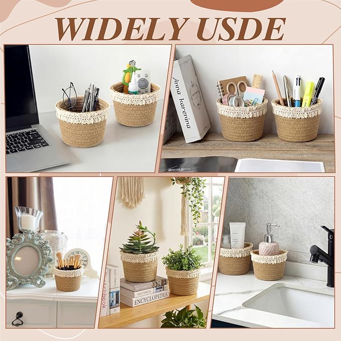 3 Pcs Small Woven Basket, Empty Gifts Basket with Gift Bags and Ribbons, 4x4x4 Inch Boho Organizer Box for Baby Shower, Birthday, Bridal Shower, Wedding, Present, Pen Pencil Makeup Brush Holder