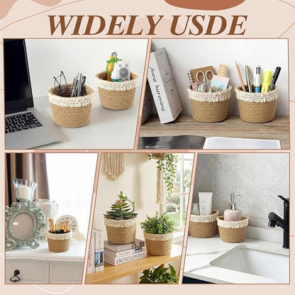3 Pcs Small Woven Basket, Empty Gifts Basket with Gift Bags and Ribbons, 4x4x4 Inch Boho Organizer Box for Baby Shower, Birthday, Bridal Shower, Wedding, Present, Pen Pencil Makeup Brush Holder