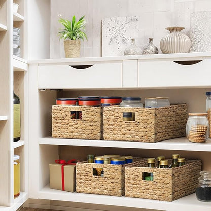eHemco Rectangular Woven Hyacinth Wicker Pantry Storage Baskets with Iron Wire Frame, 13.25"x9"x7", Natural, Set of 2
